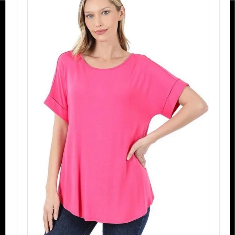 Hot pink fuchsia tunic top tee cuffed sleeves short sleeves size L Xl
